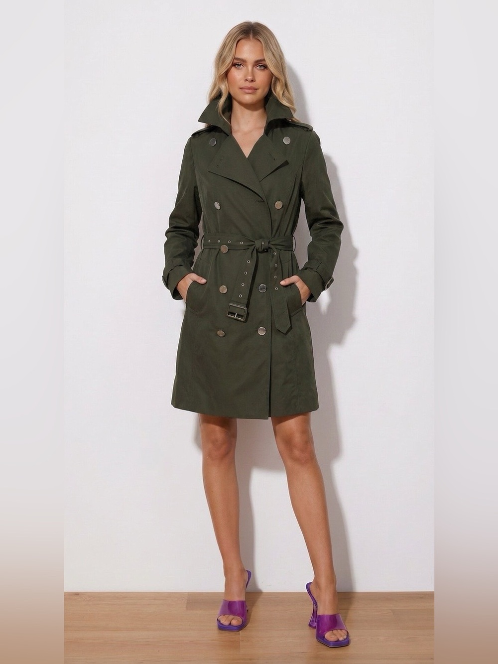 Michael Kors Olive Belted Double-Breasted Trench Coat